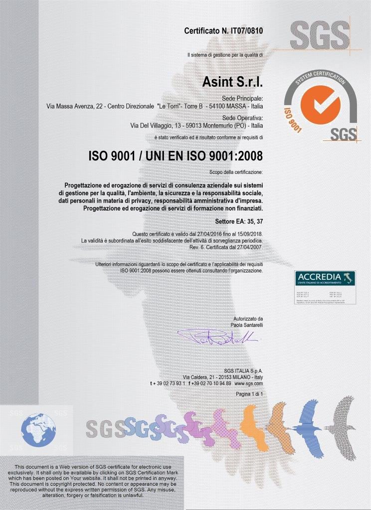2016 SGS Certificato ISO 9001