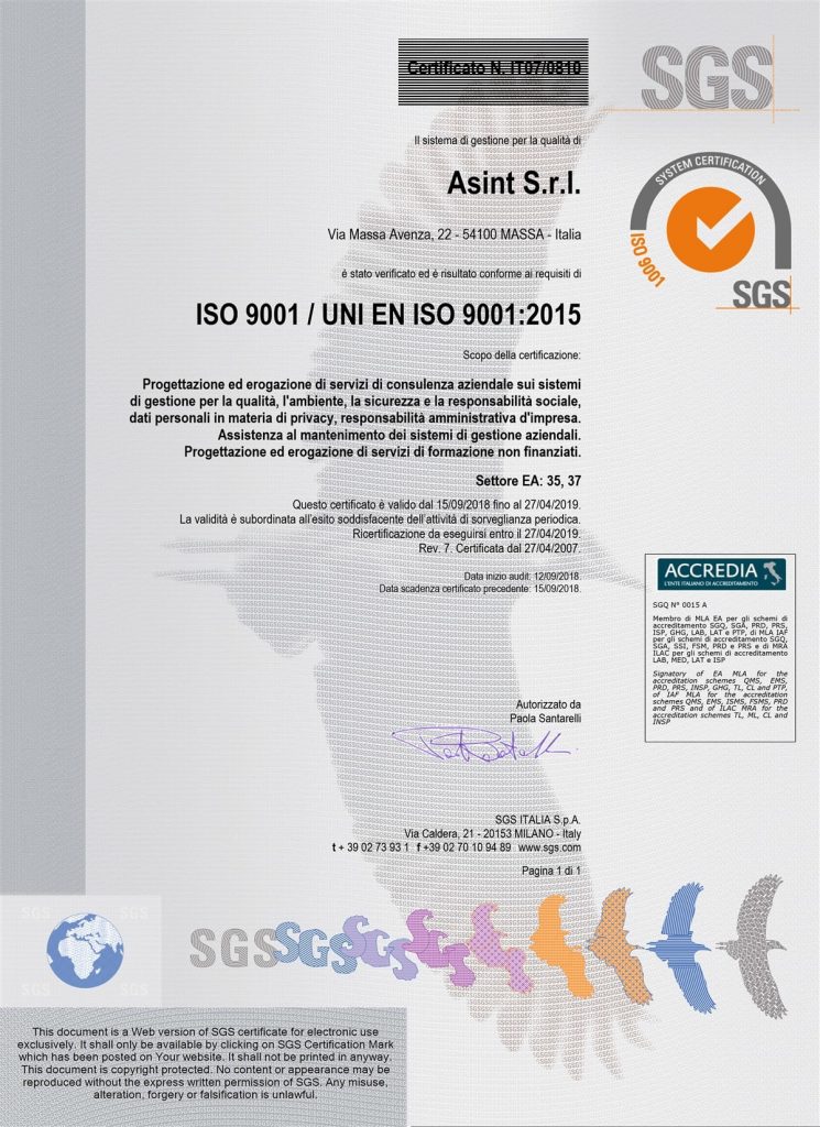 2018 SGS Certificato 9001 sc. 27.04.2019B
